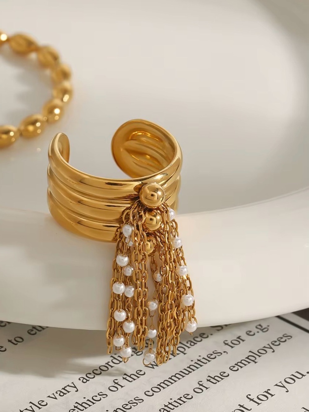 Gold Pearl Tassel Statement Ring Waterproof